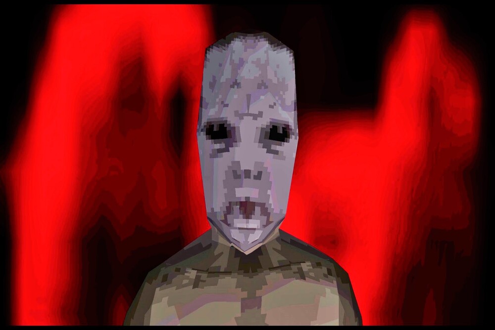 menacing video game character set against a red backdrop