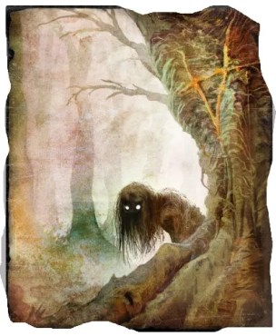 illustration of figure peering out from a tree