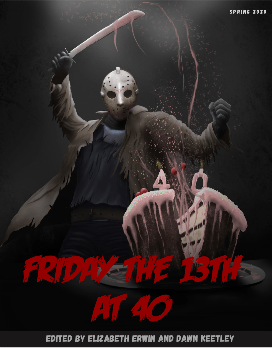 40th anniversary cover of Jason cutting a cake with a machete