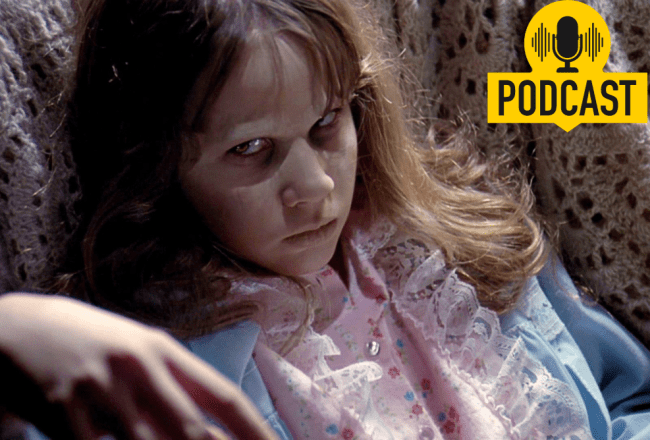 A young girl, pale and sickly, stares menacingly at the camera